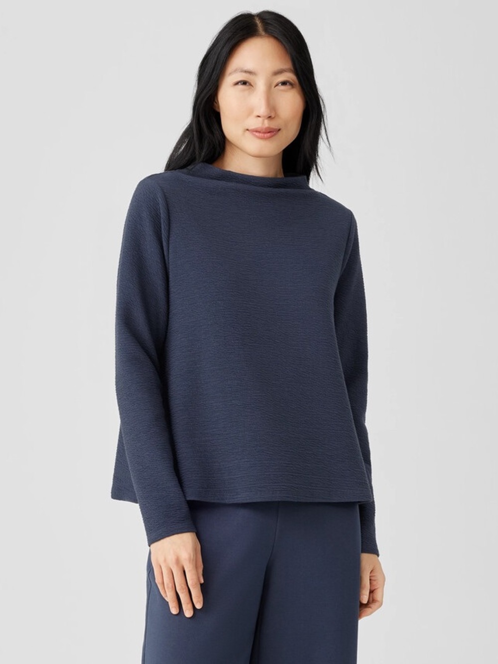 Eileen Fisher Organic Cotton Crinkled Knit Funnel Neck Top Navy Blue Large L